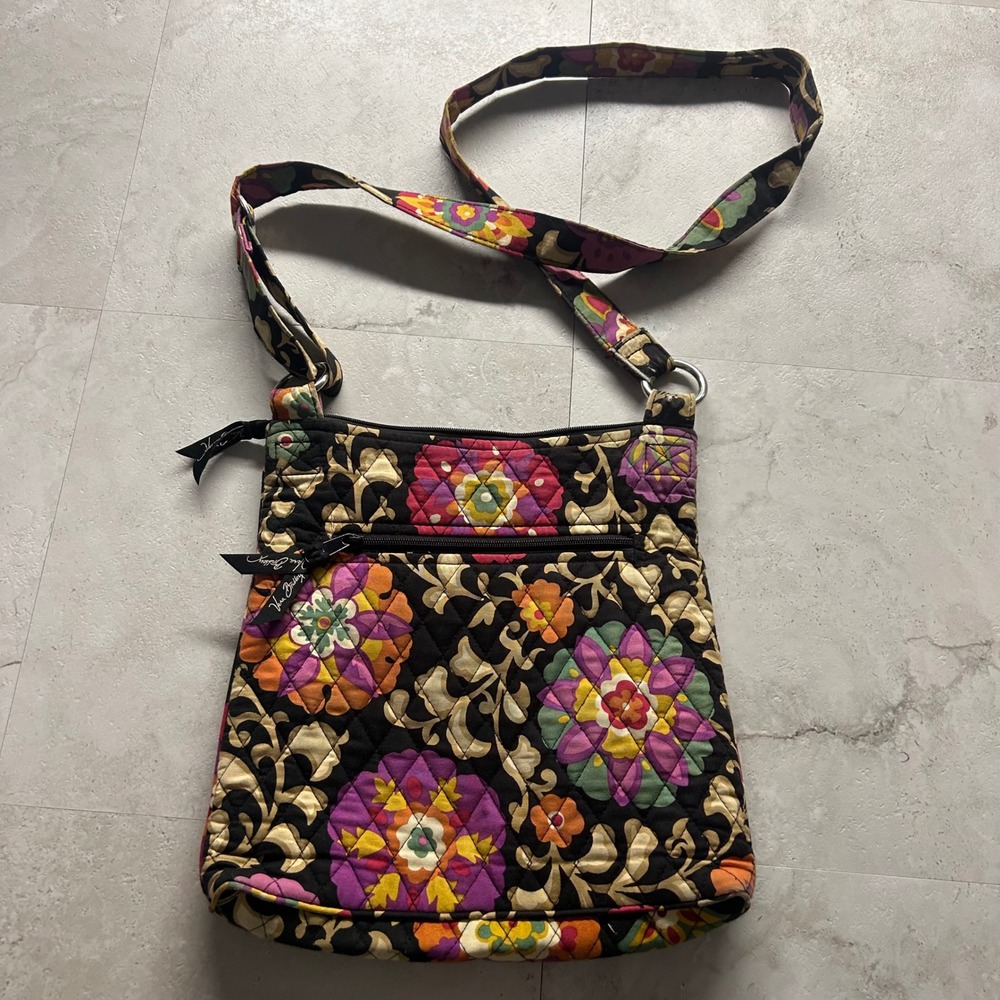 Vera Bradley Crossbody Bag Floral Black Multi Womens Small Quilted Hipster Purse